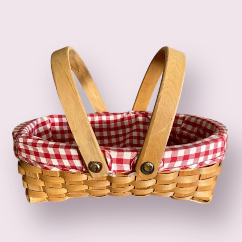 Oval Woven Basket with Red & White Gingham Lining and Handles
